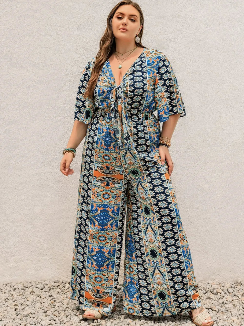 Plus Size Printed Half Sleeve Wide Leg Jumpsuit 