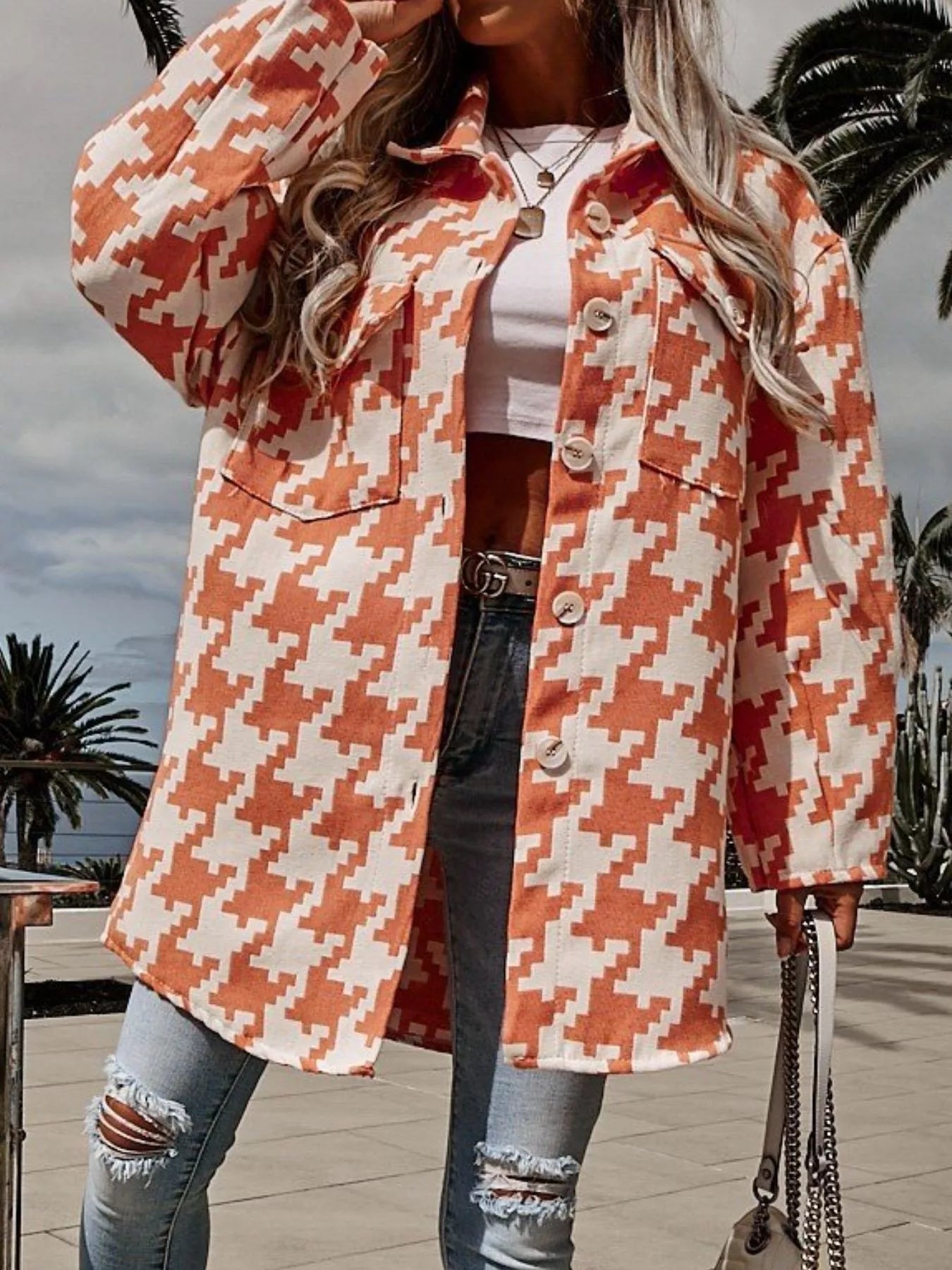 Houndstooth Button Up Long Sleeve Outerwear 
