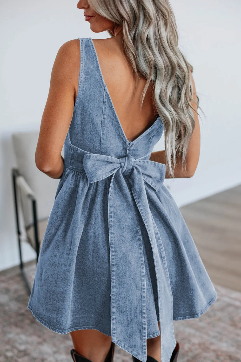 V-Back Bow Tie Denim Skater Dress 