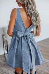 V-Back Bow Tie Denim Skater Dress 