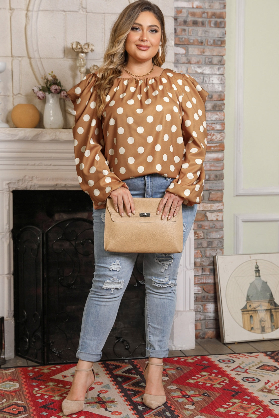 Plus Size Polka Dot Long Sleeve Blouse 