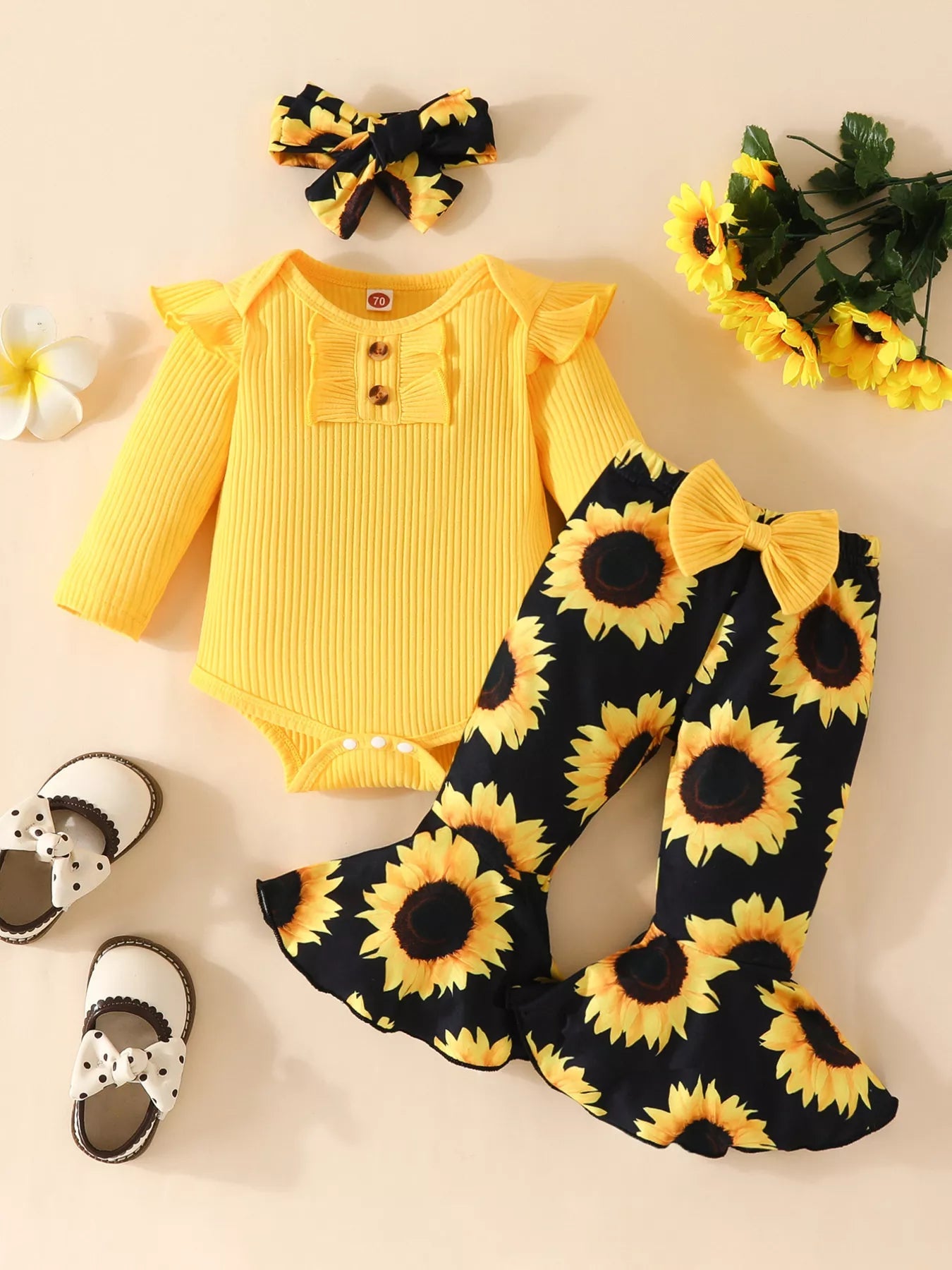 Children's Ruffled Ribbed Top and Sunflower Pants Set 