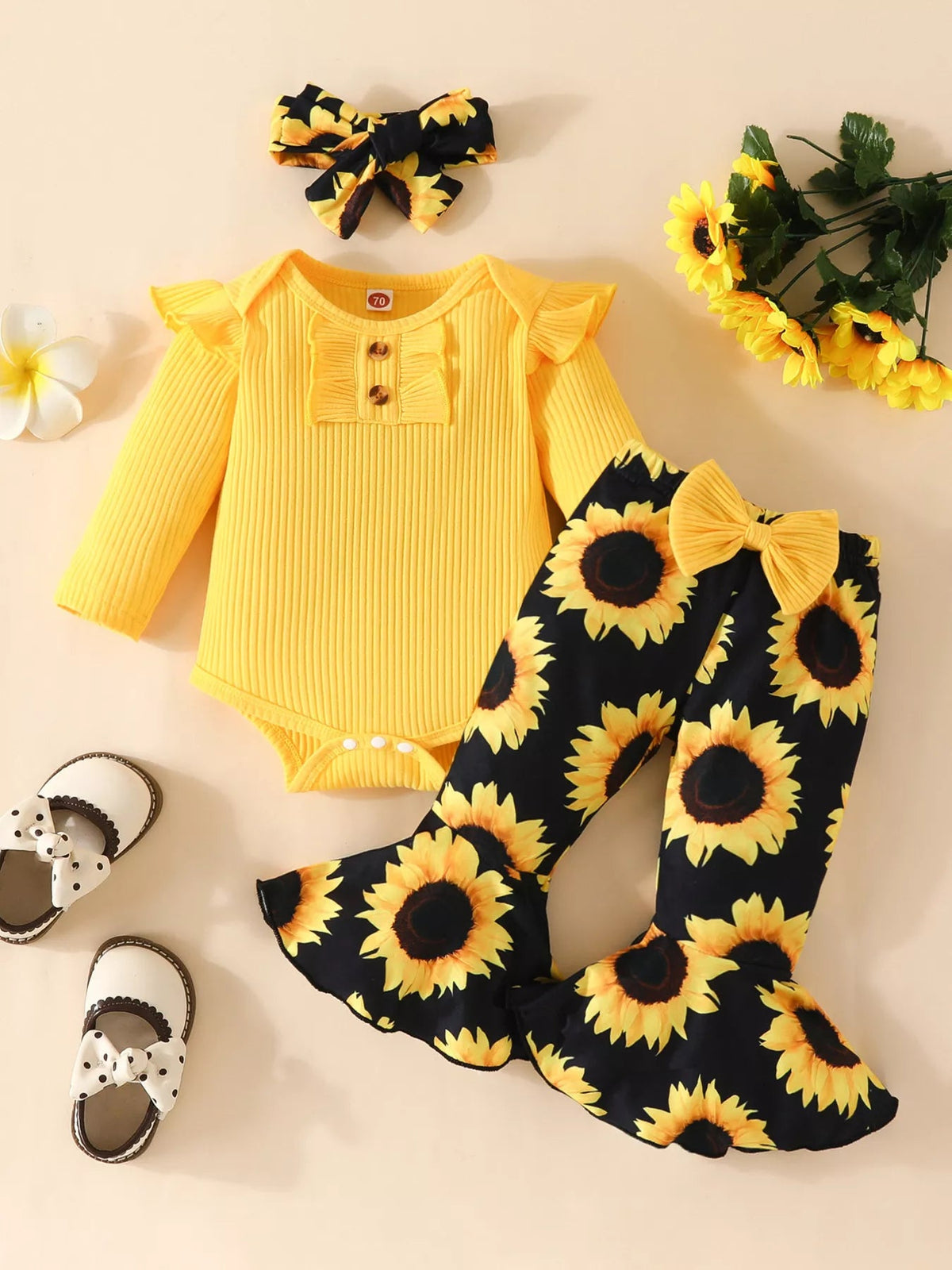 Children's Ruffled Ribbed Top and Sunflower Pants Set 