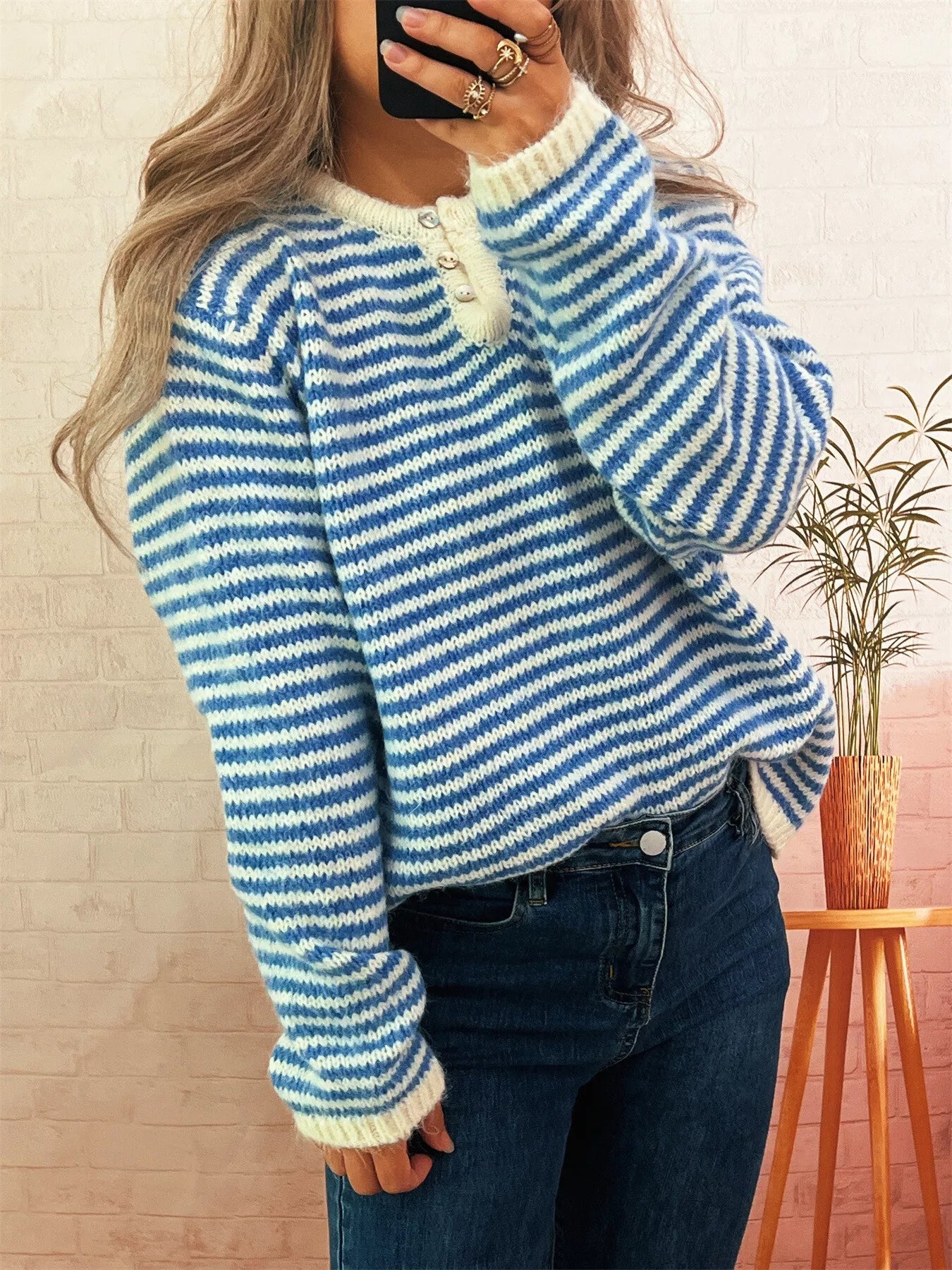Striped Button Detail Long Sleeve Sweater 