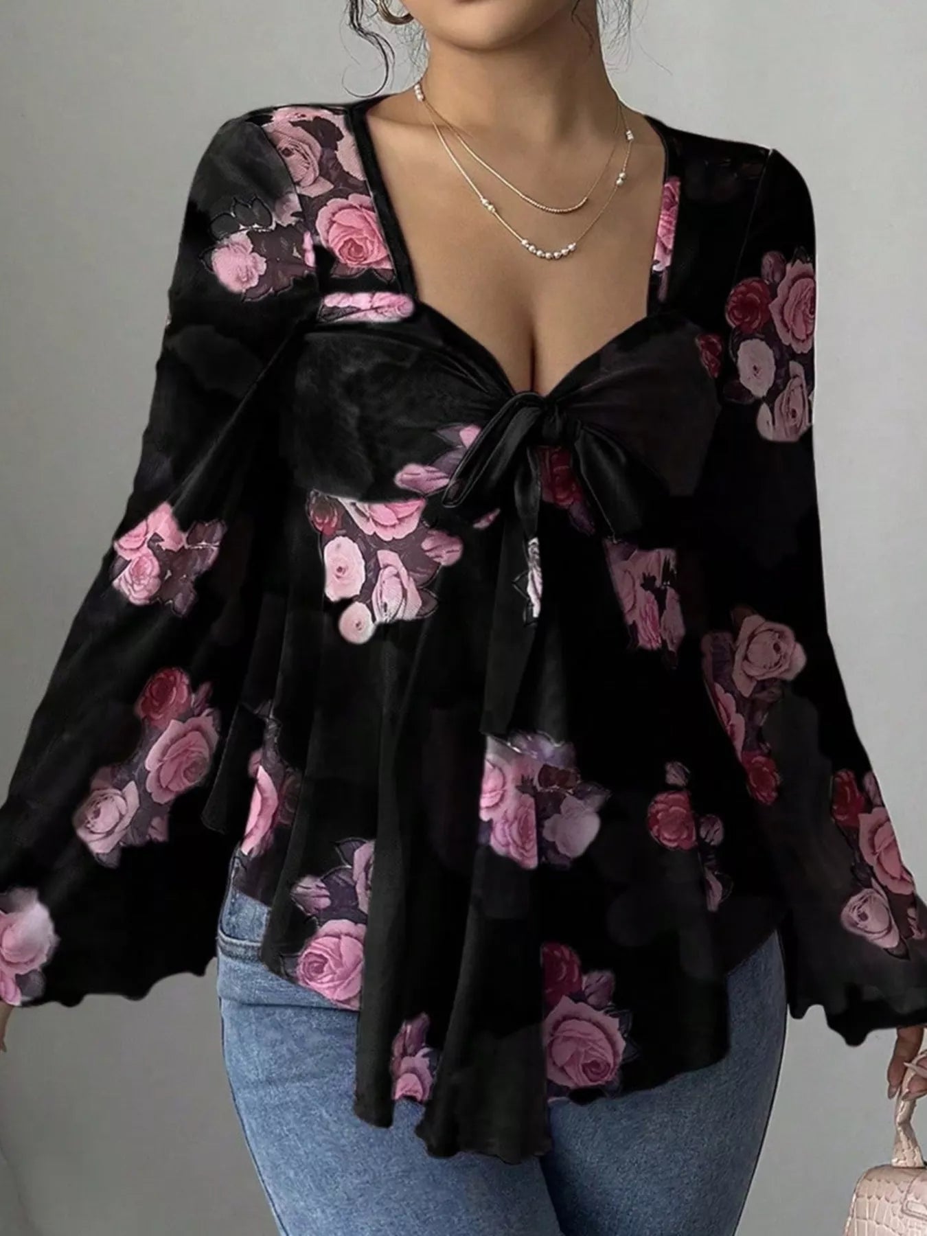 Floral Print Tie Front Flare Sleeve Blouse 