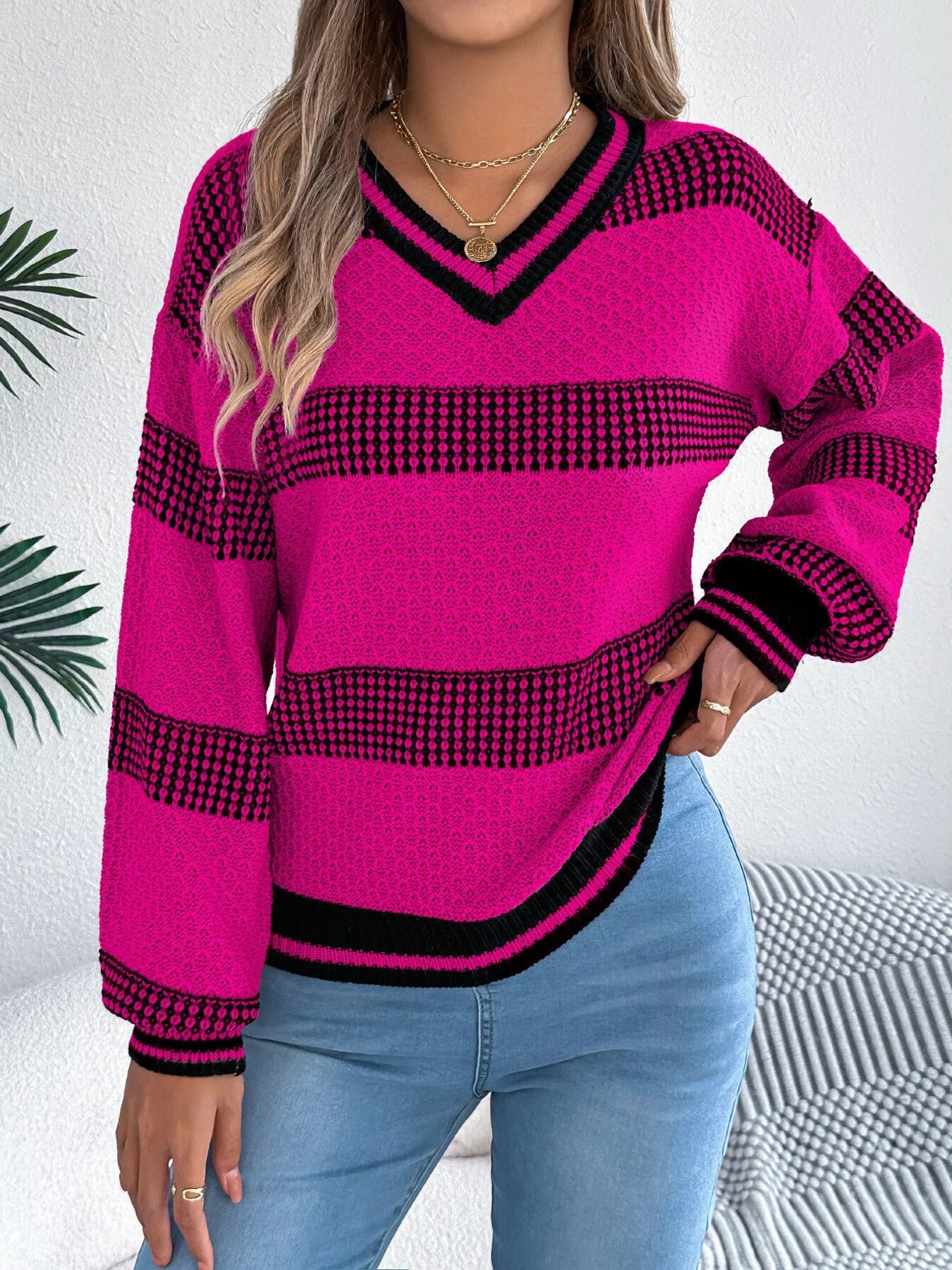 Contrast Striped V-Neck Sweater 