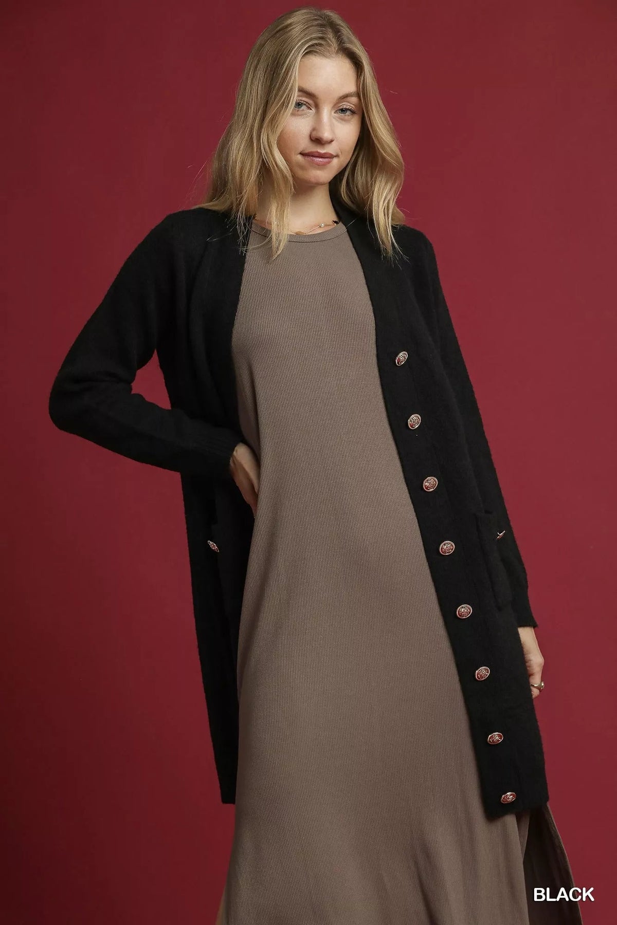 Umgee Button-Down Longline Sweater Cardigan with Front Pockets 