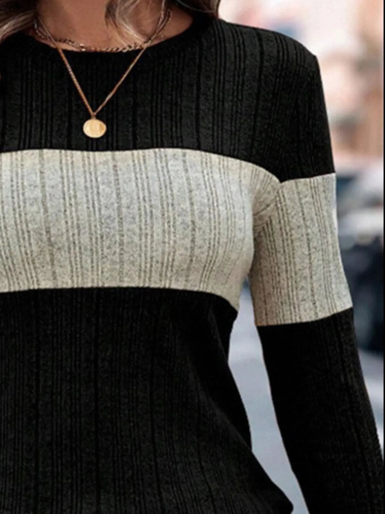 Color Block Round Neck Long Sleeve Sweater 