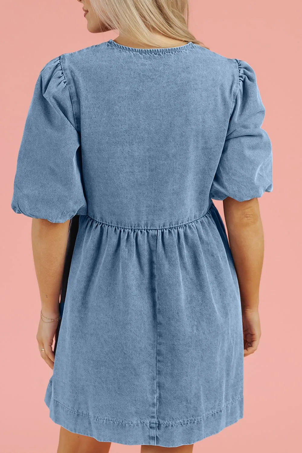 Bowknot Round Neck Half Sleeve Denim Dress 