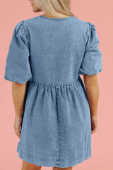 Bowknot Round Neck Half Sleeve Denim Dress 