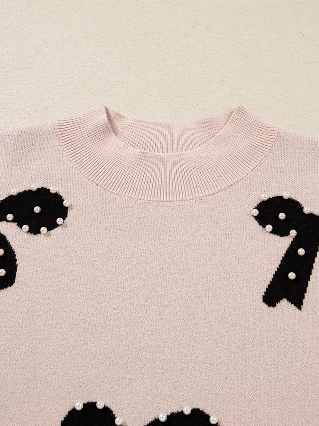 Pearl Embellished Bow Pattern Loose Sweater 