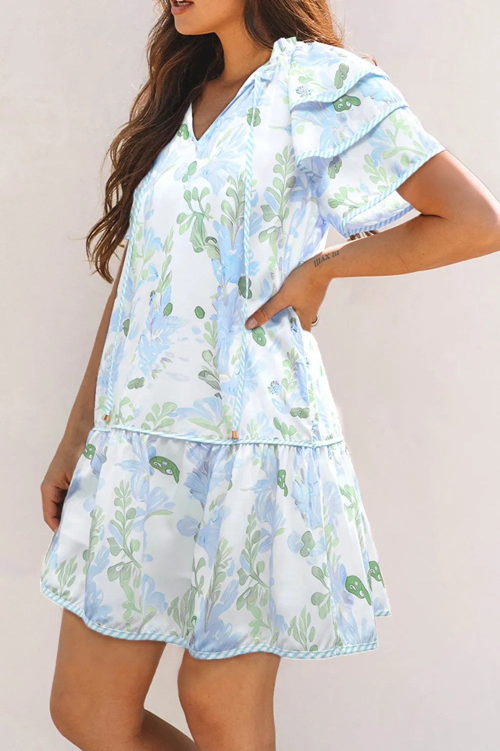 Floral Contrast Edge Layered Short Sleeve Mini Dress 