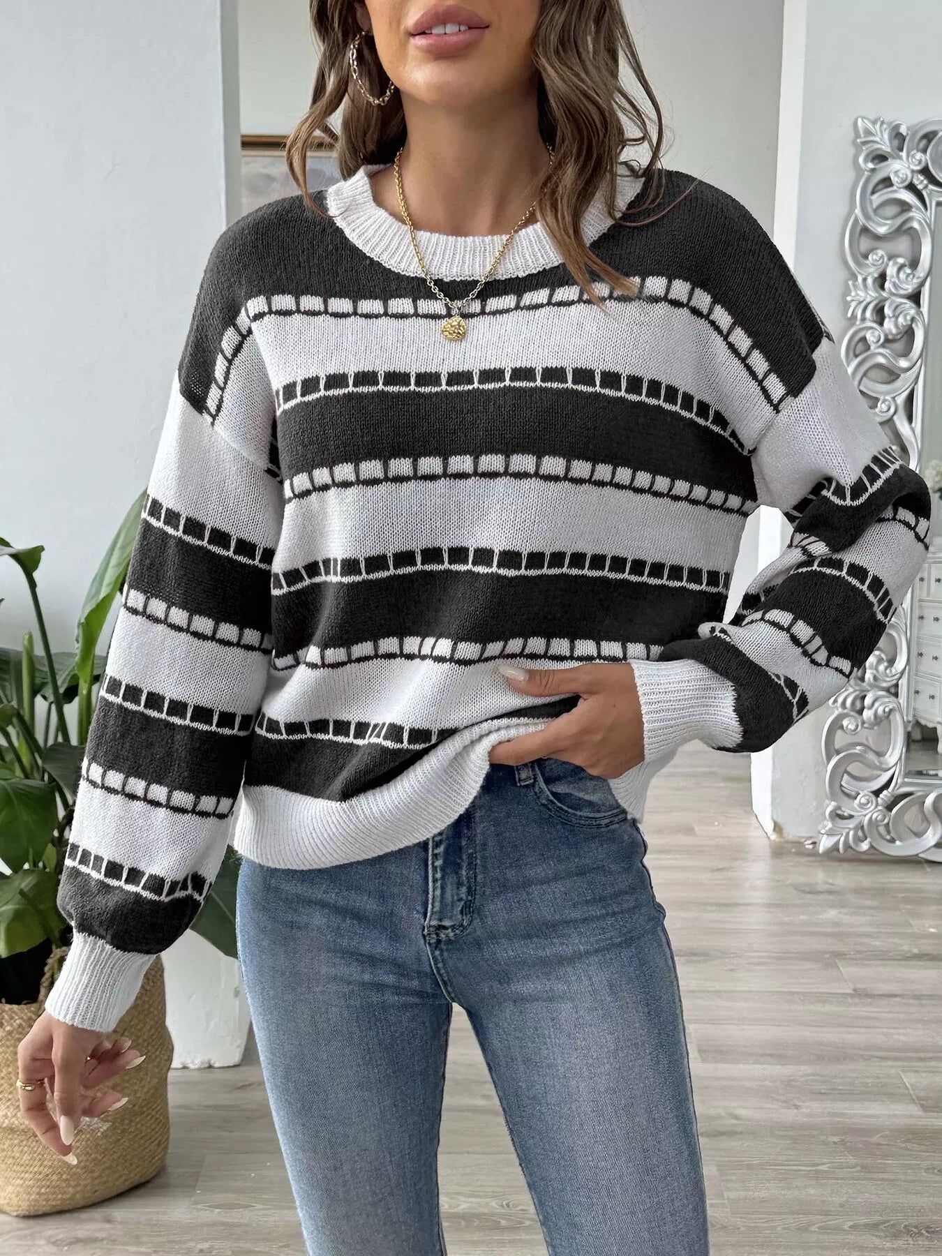 Striped Knit Dropped Shoulder Sweater 