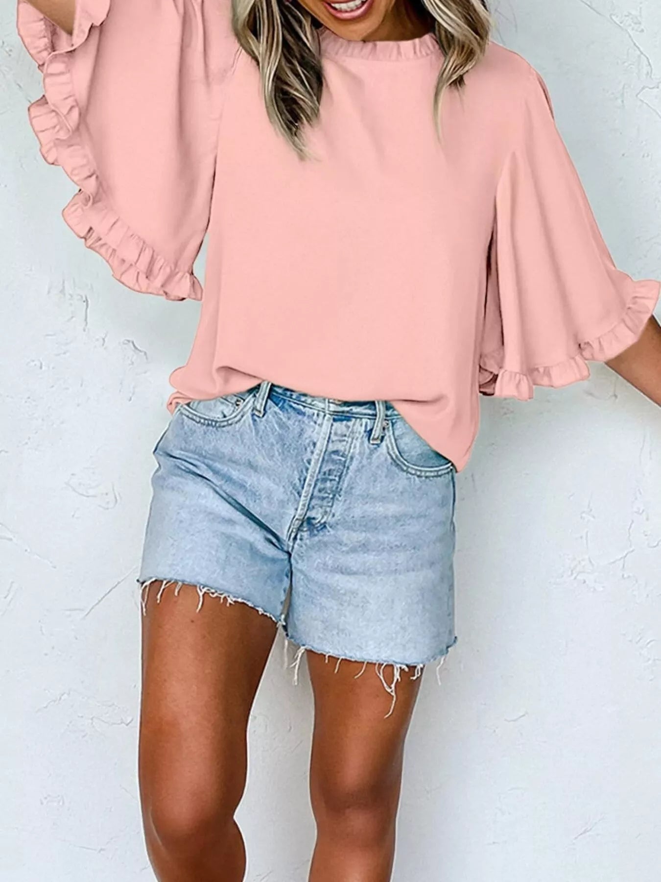 Ruffle Trim Half Sleeve Blouse 