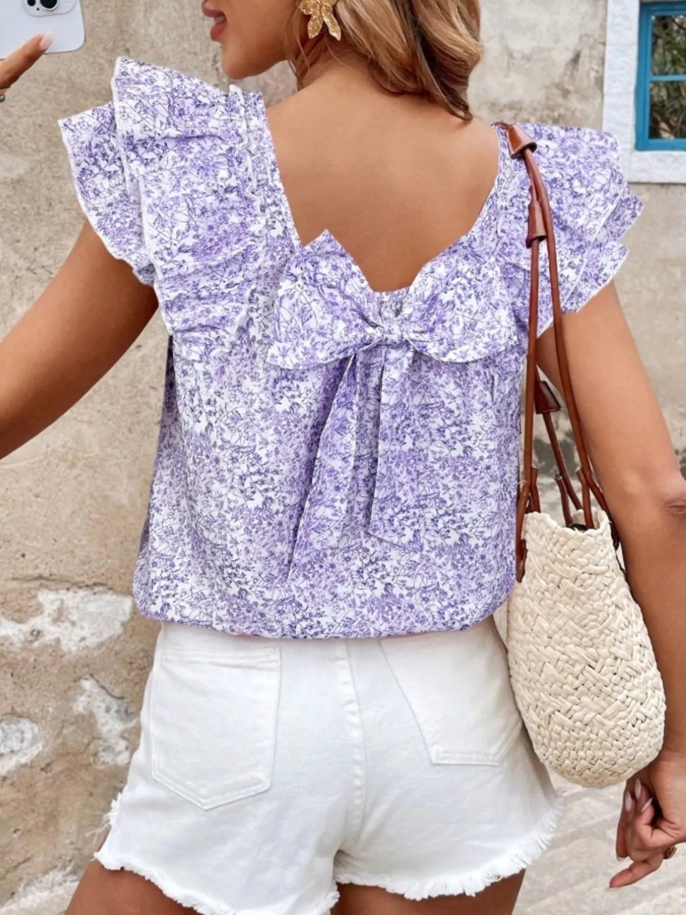 Floral Print Ruffle Trim Blouse 