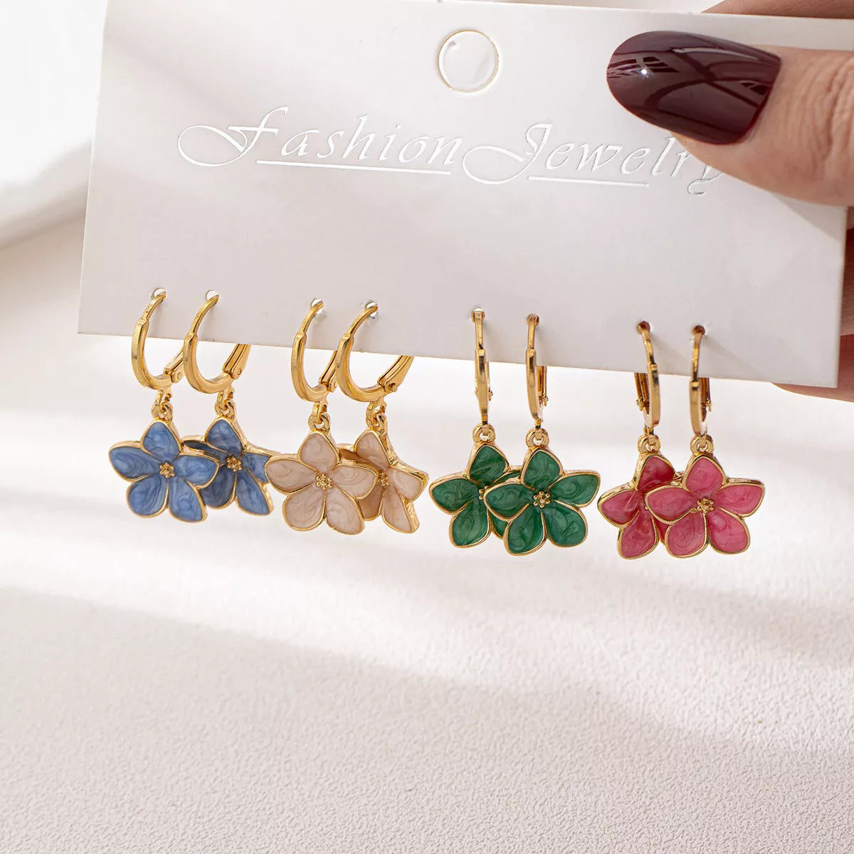 4 Piece Colorful Flower Drop Earrings 