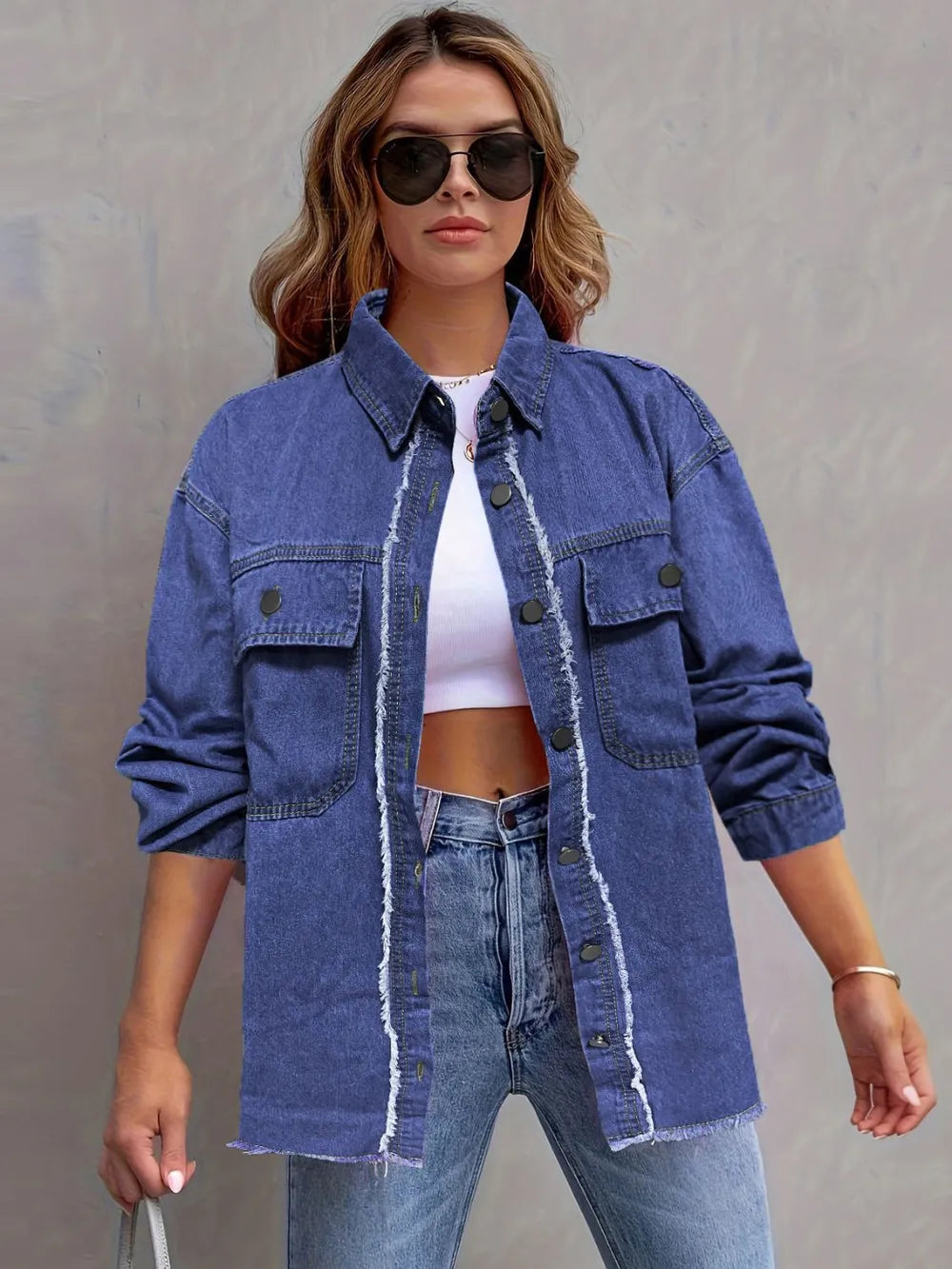 Pocketed Collared Neck Long Sleeve Denim Shirt 