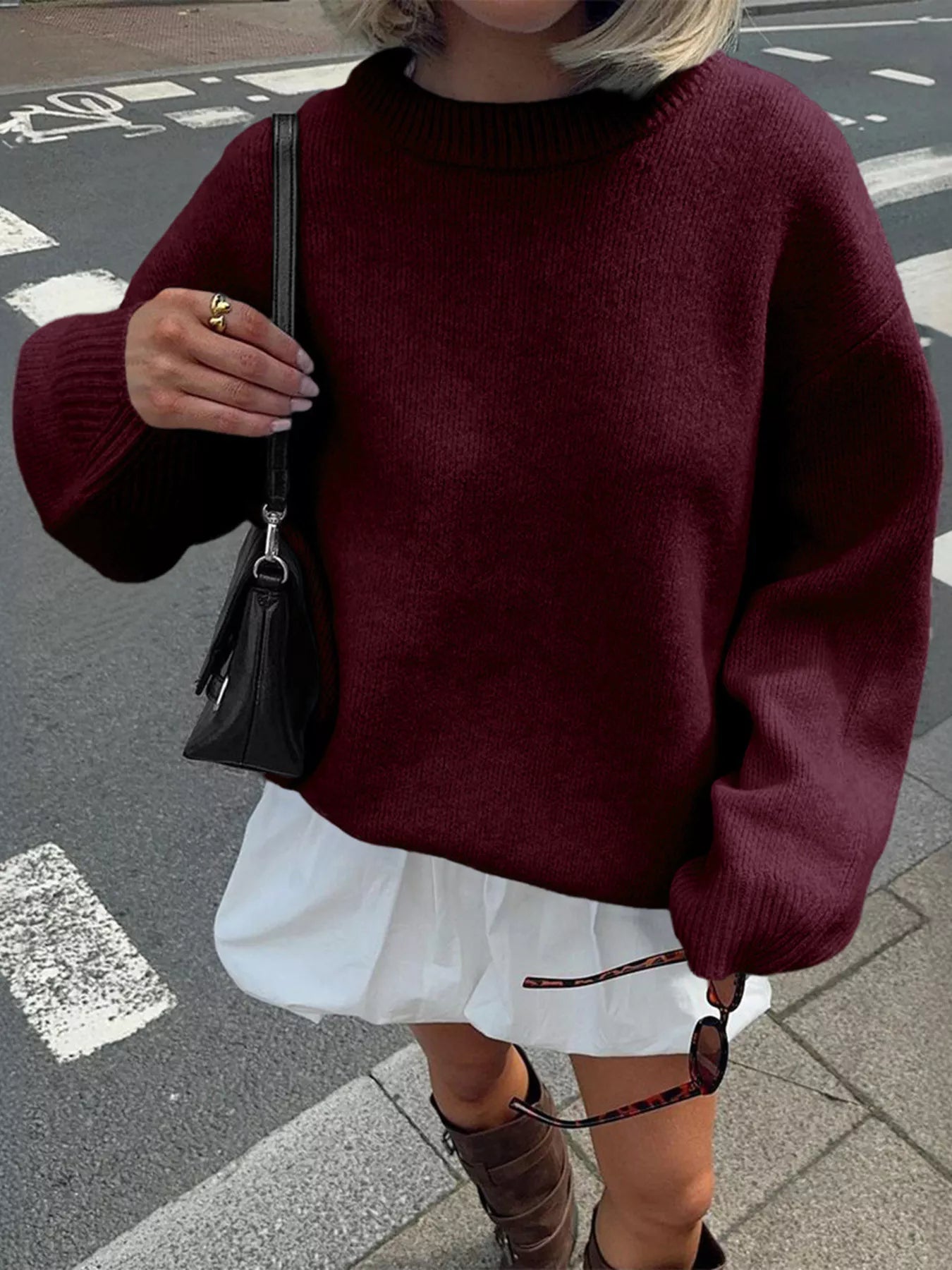 Ribbed Round Neck Dropped Shoulder Sweater 
