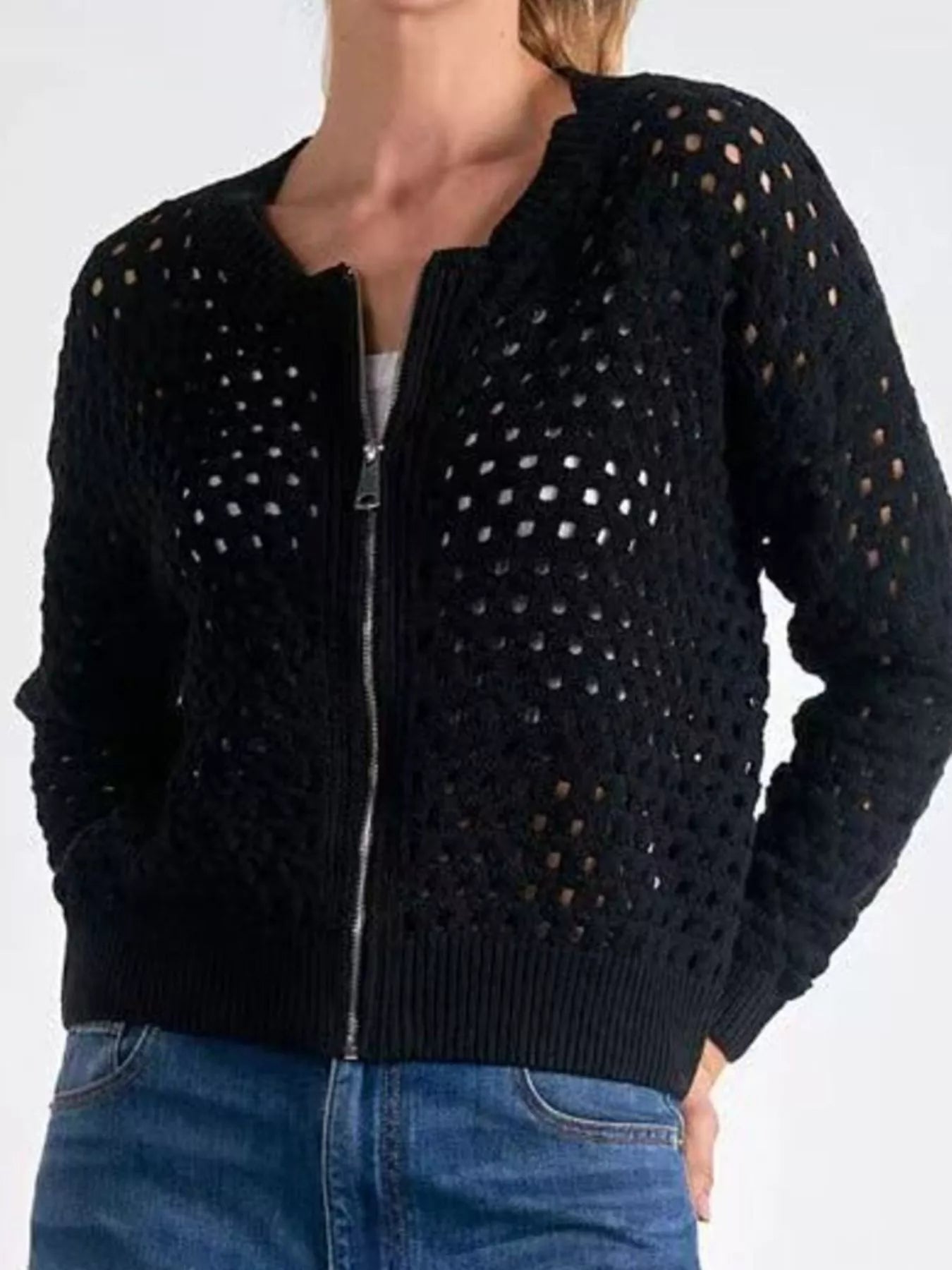 Full Size Zip Up Long Sleeve Cardigan with Eyelet Detail Plus Size 