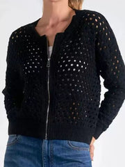 Full Size Zip Up Long Sleeve Cardigan with Eyelet Detail Plus Size 