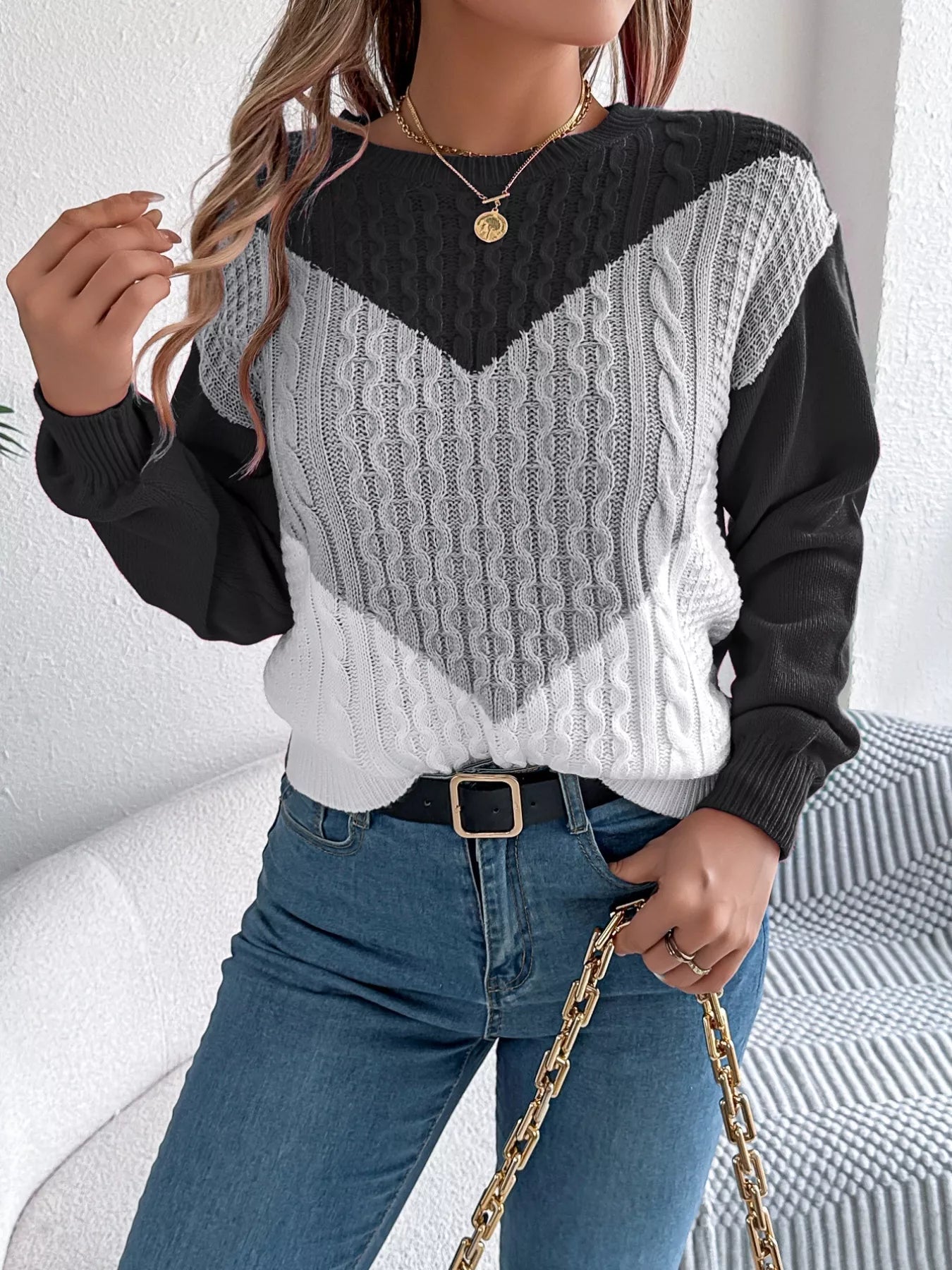 Color Block Cable Knit Sweater 