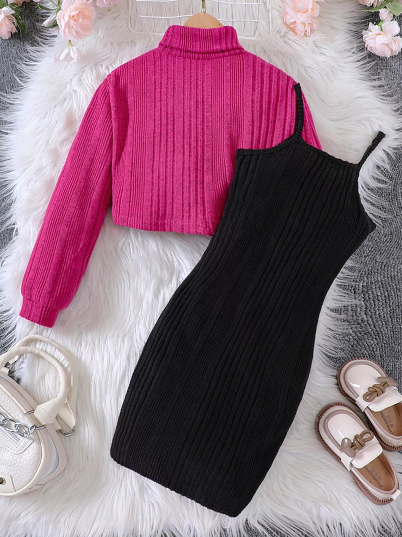 Children's Ribbed Knit Two-Tone Dress Set 