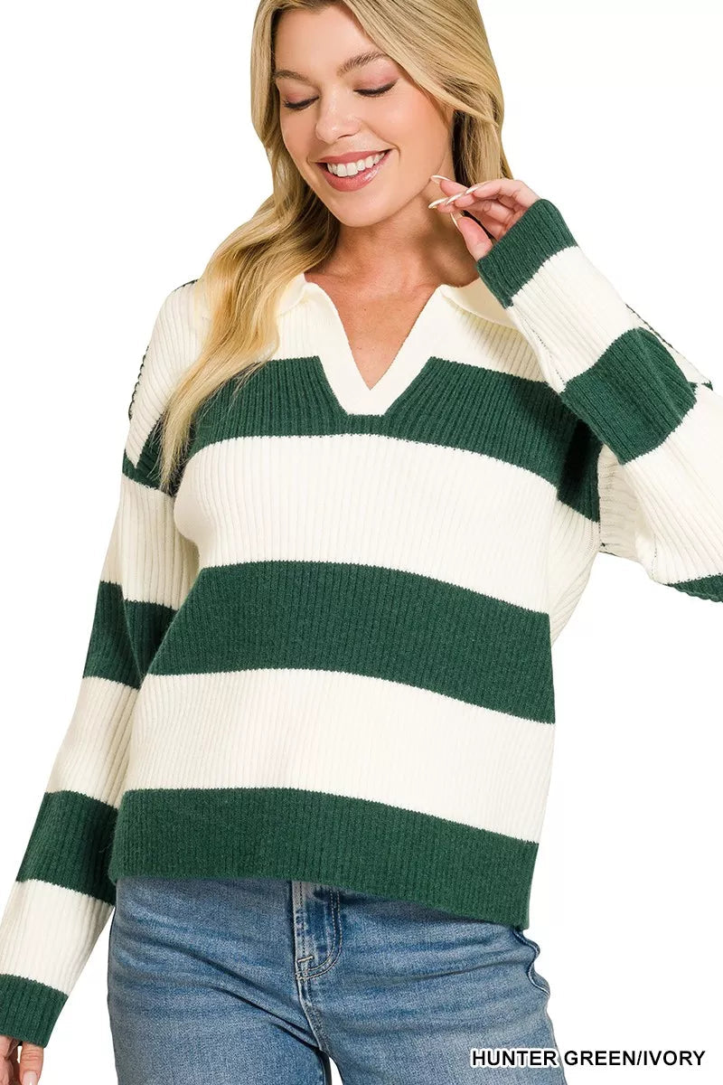 Zenana Striped Collared Sweater 