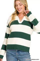 Zenana Striped Collared Sweater 