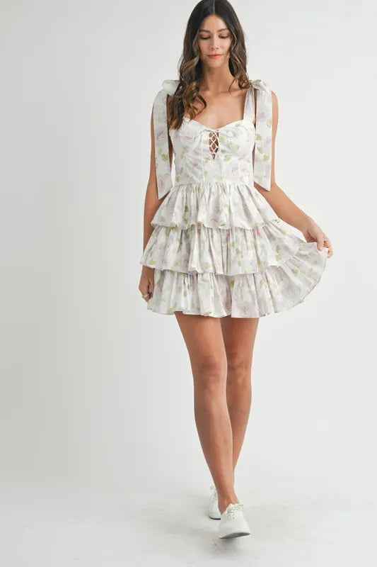 MABLE Floral Print Shoulder Tie Layered Mini Dress 