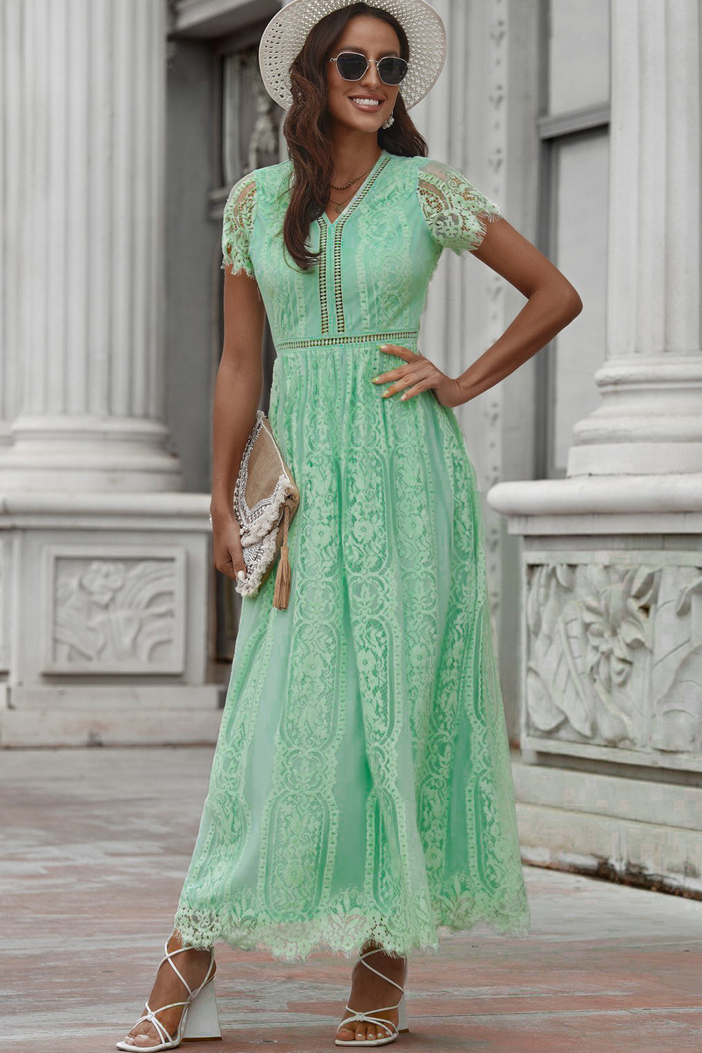 Scalloped Trim Lace Plunge Dress 