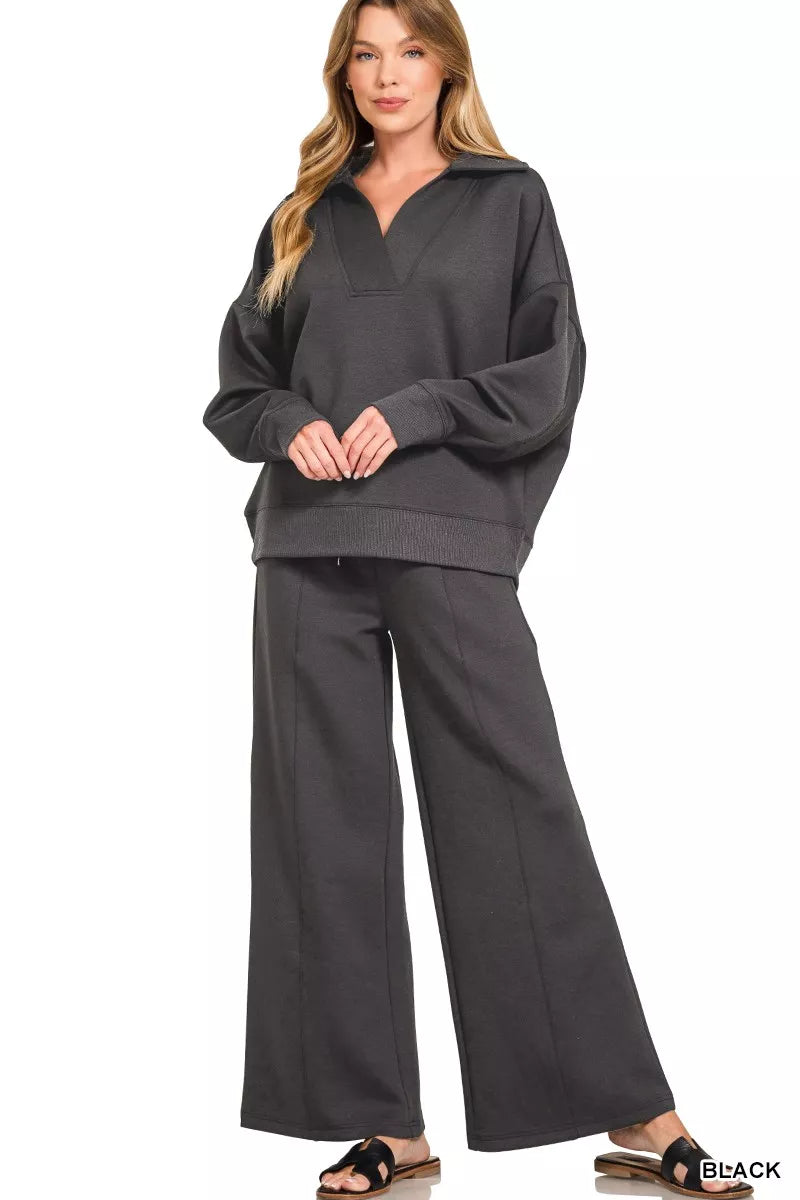Zenana Scuba Collared Pullover & Center Seam Pants Set 