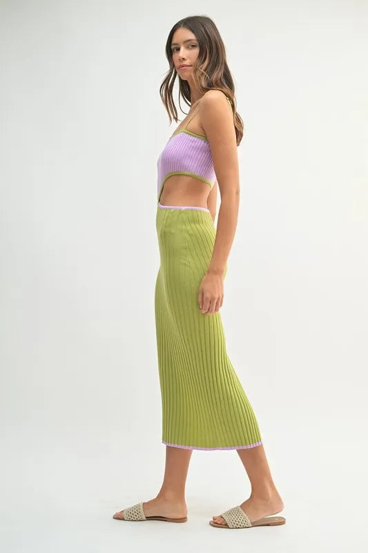 MABLE Ribbed Knit Color Block Cutout Midi Dress 