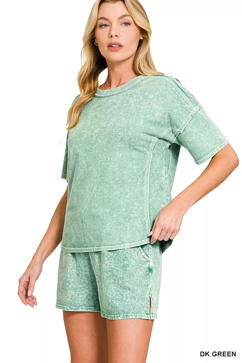 Zenana Halo Snow Washed Short Sleeve Tee and Shorts Set 