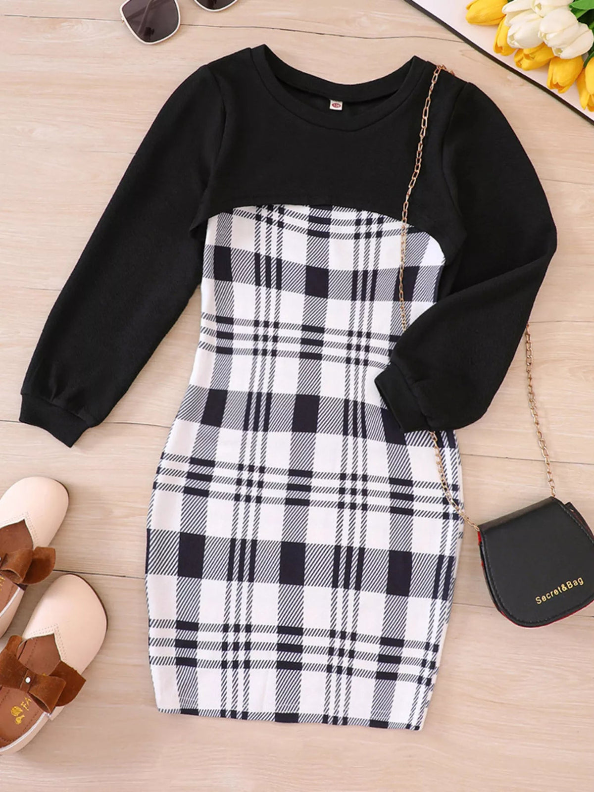 Children's Plaid Print Long Sleeve Dress Set 