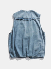 Multi-Pocket V-Neck Denim Vest 