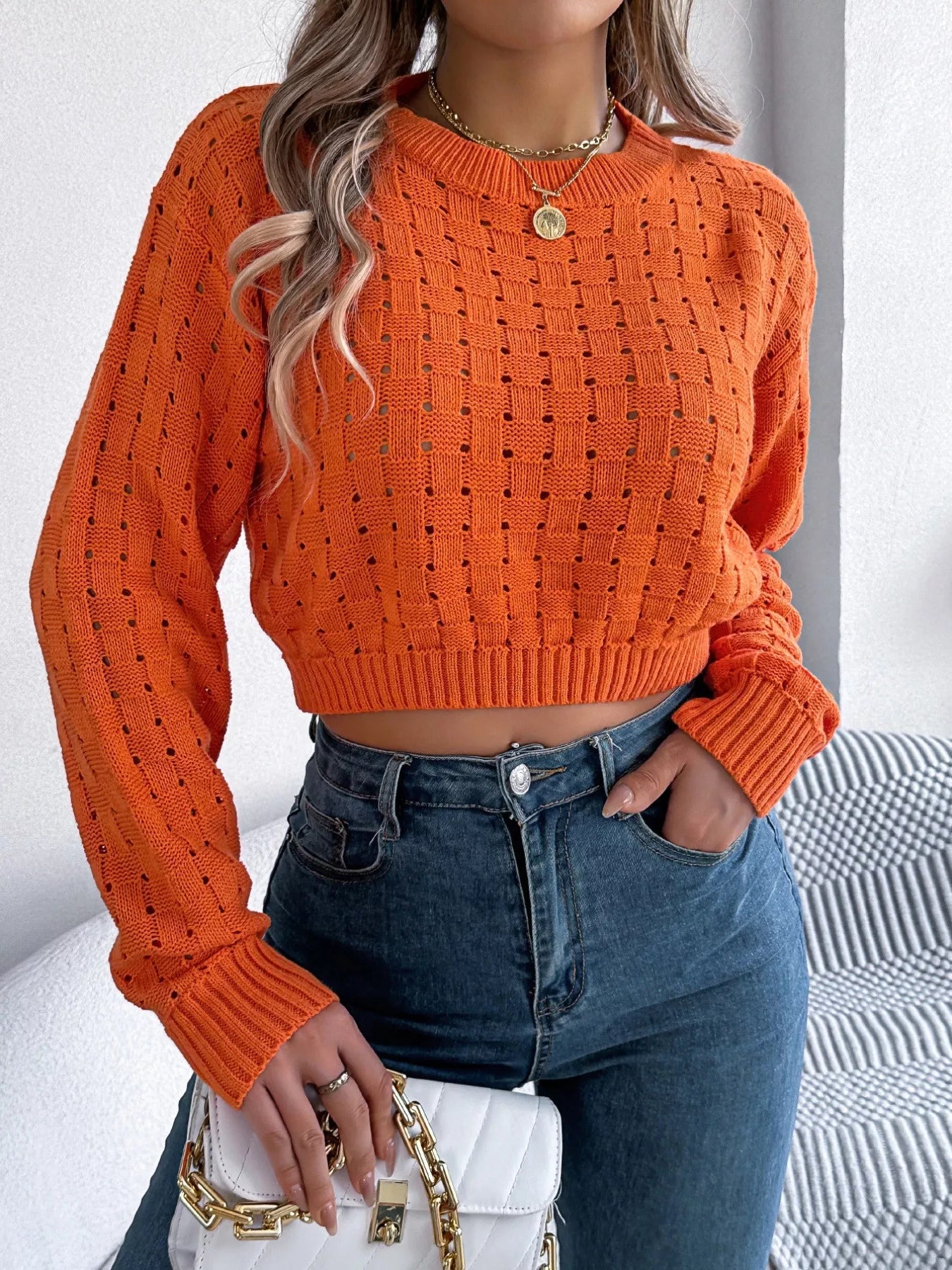 Cutout Back Openwork Round Neck Long Sleeve Sweater 
