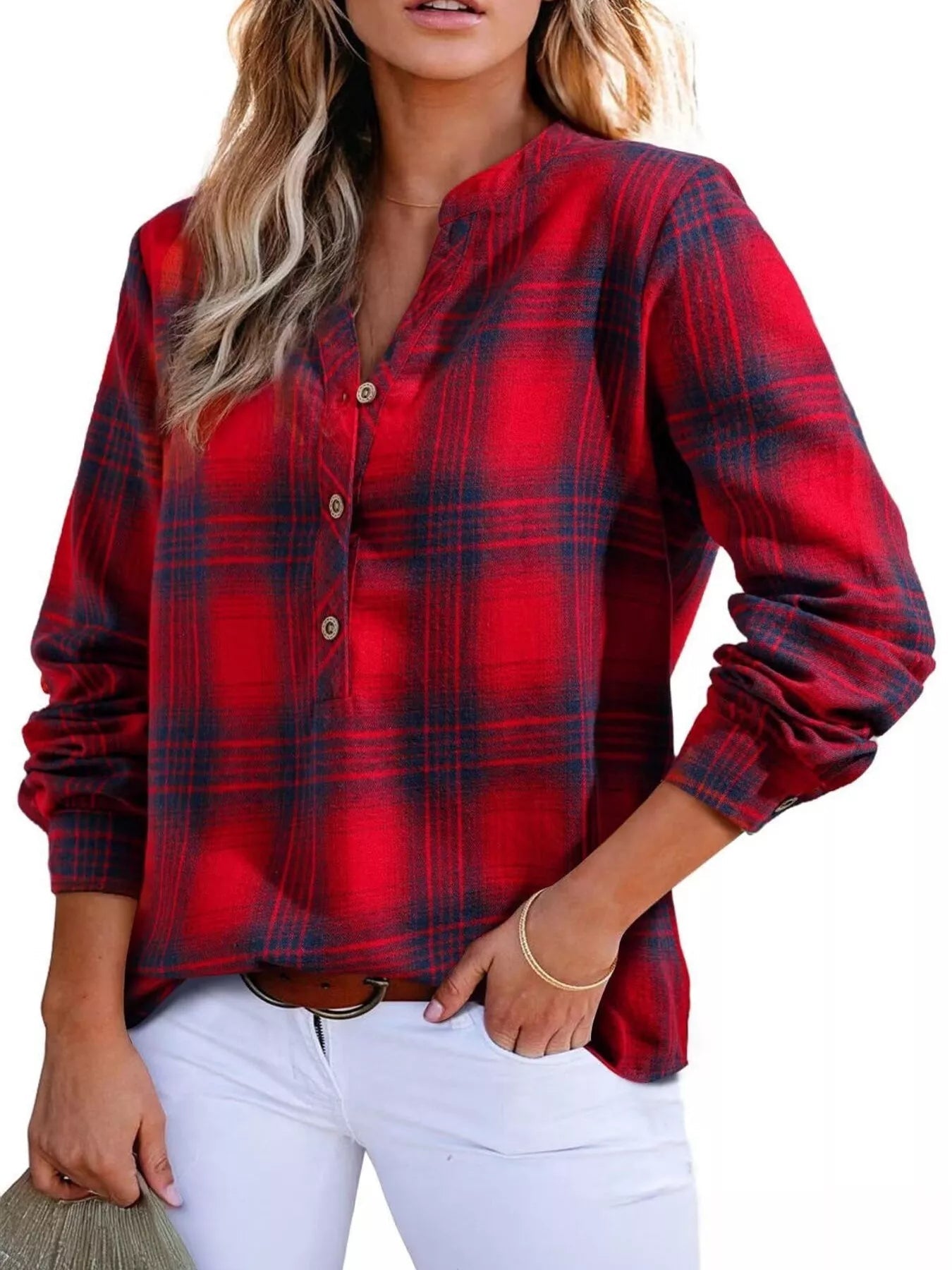 Plaid Half Button Long Sleeve Blouse 