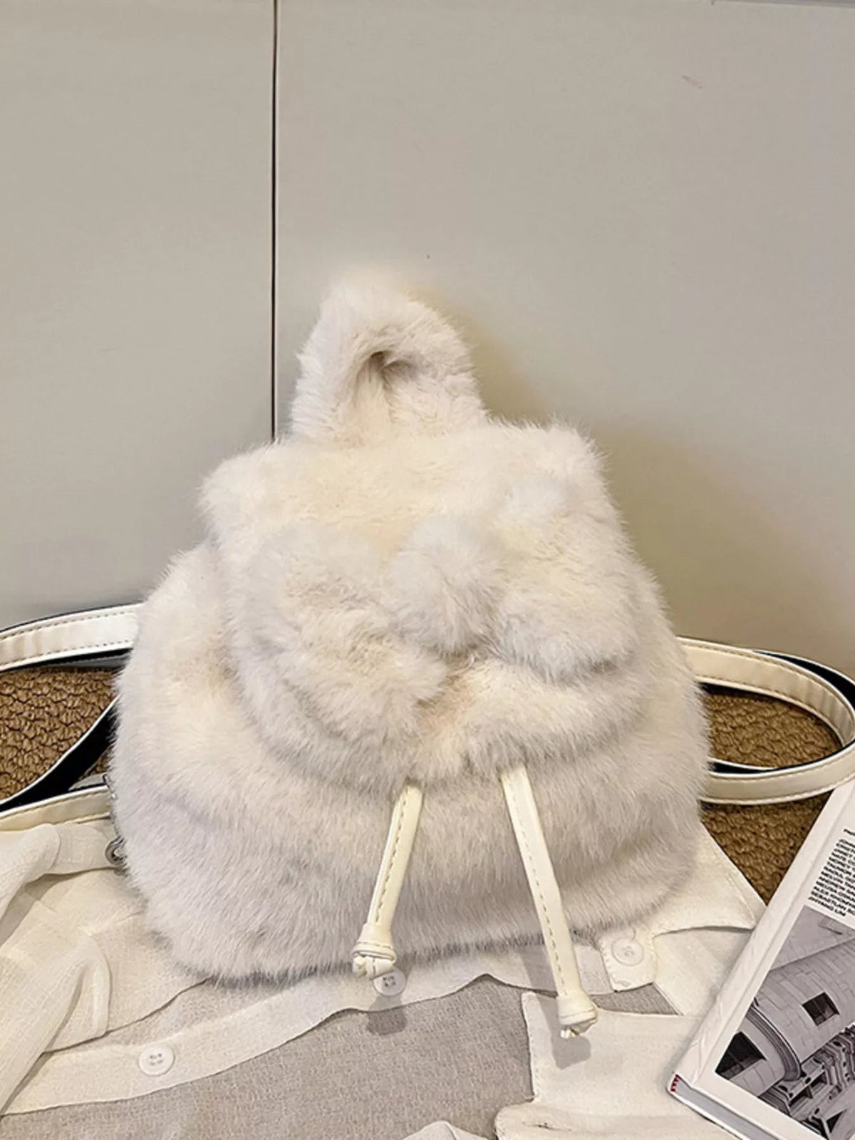 Fuzzy Plush Drawstring Backpack Bag 