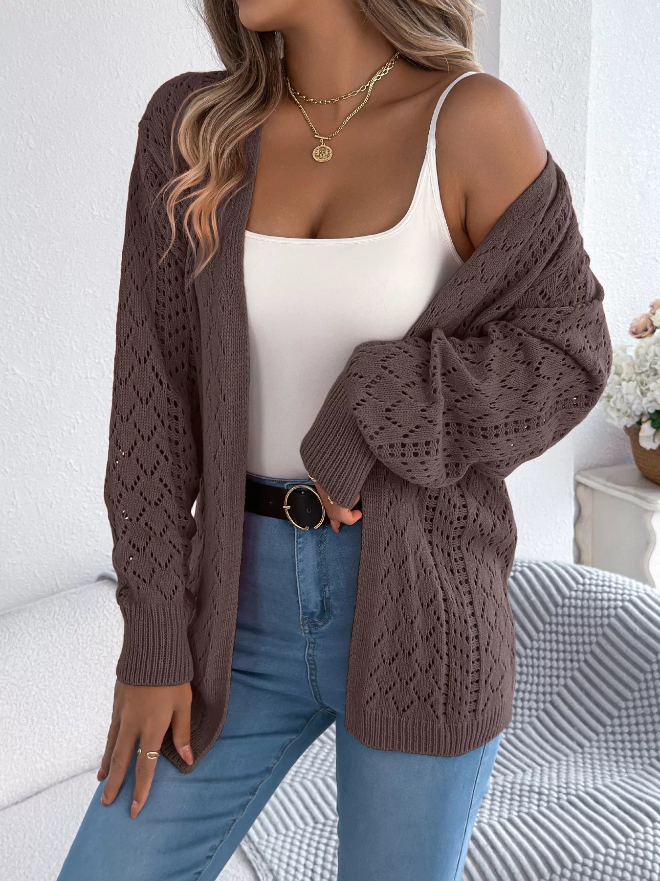 Openwork Open-Front Long Sleeve Cardigan 