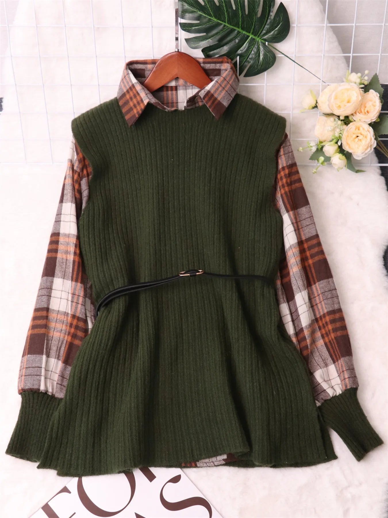 Plaid Long Sleeve Sweater Dress 