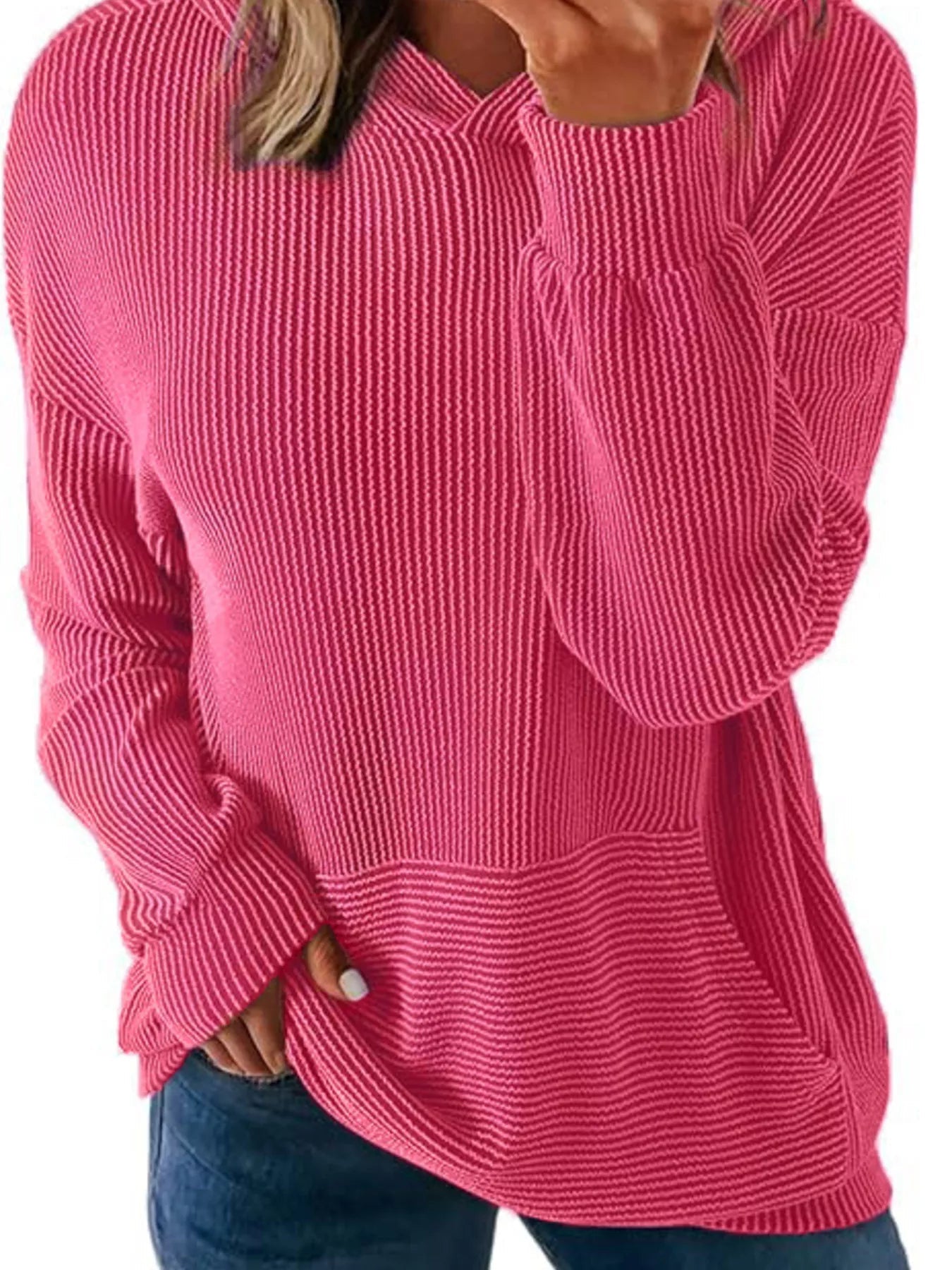 Ribbed Oversized Hoodie Sweatshirt with Pocket 