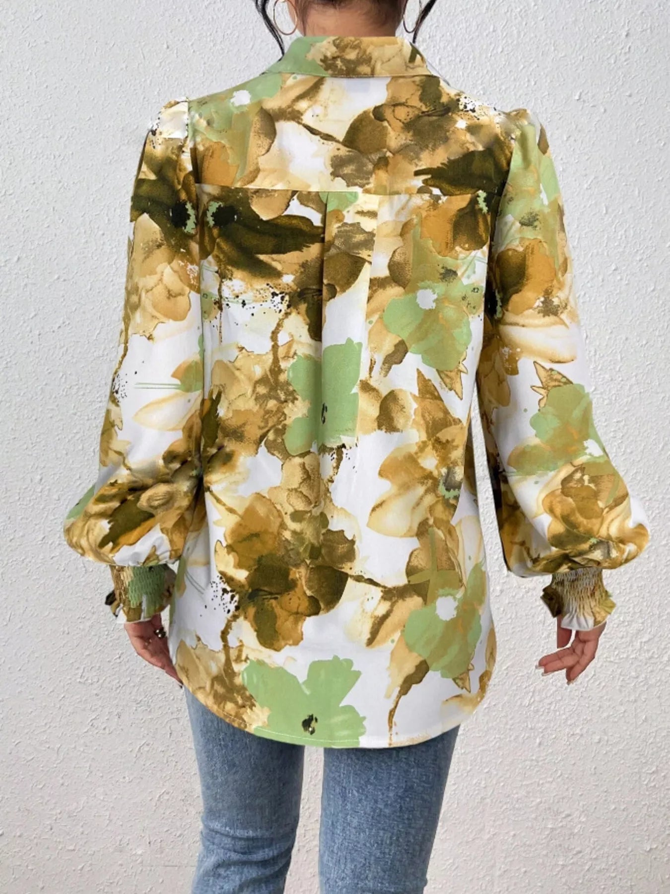 Printed Button Up Lantern Sleeve Shirt 