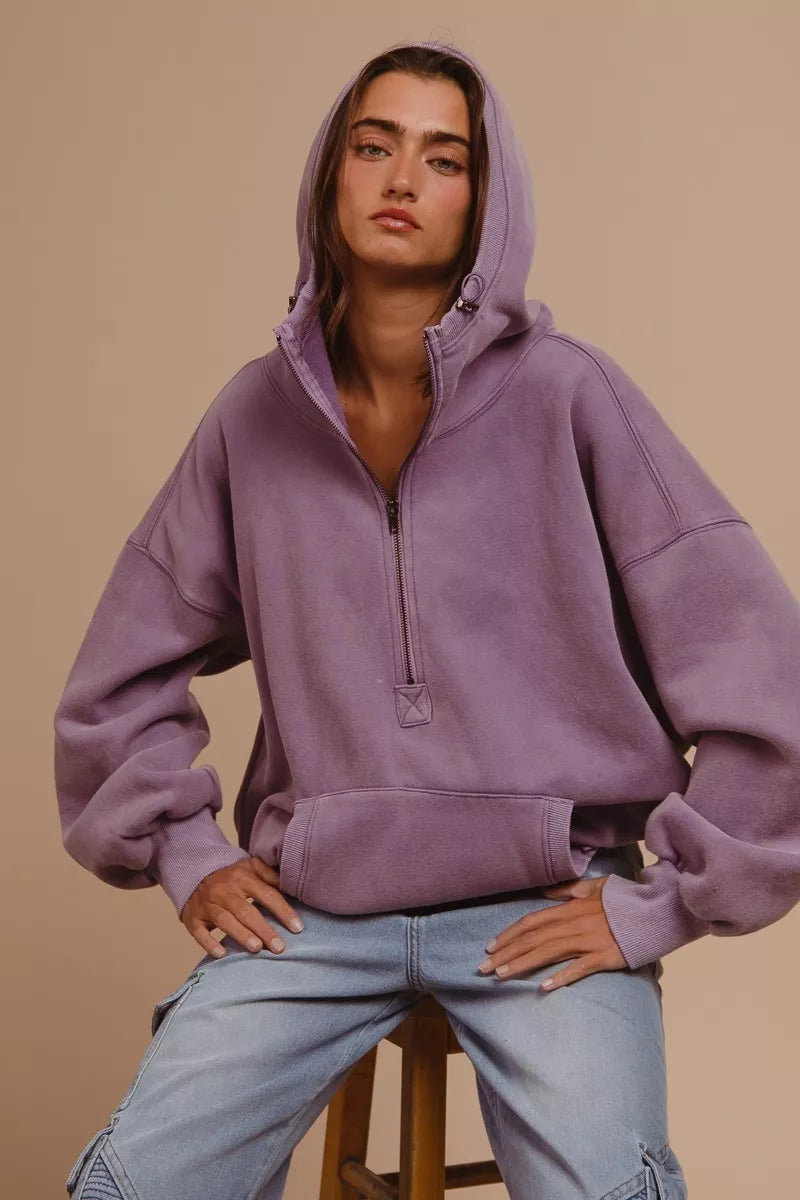 BiBi Stitch Detailed Elastic Hem Half Zip Fleece Hoodie 