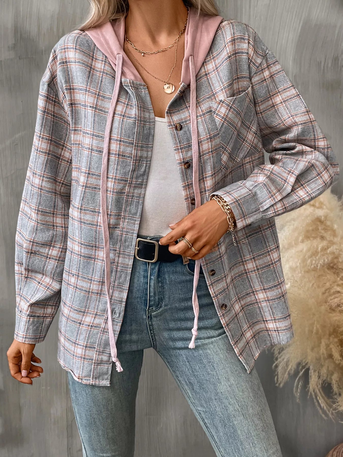 Plaid Button-Up Hooded Shirt with Chest Pocket 