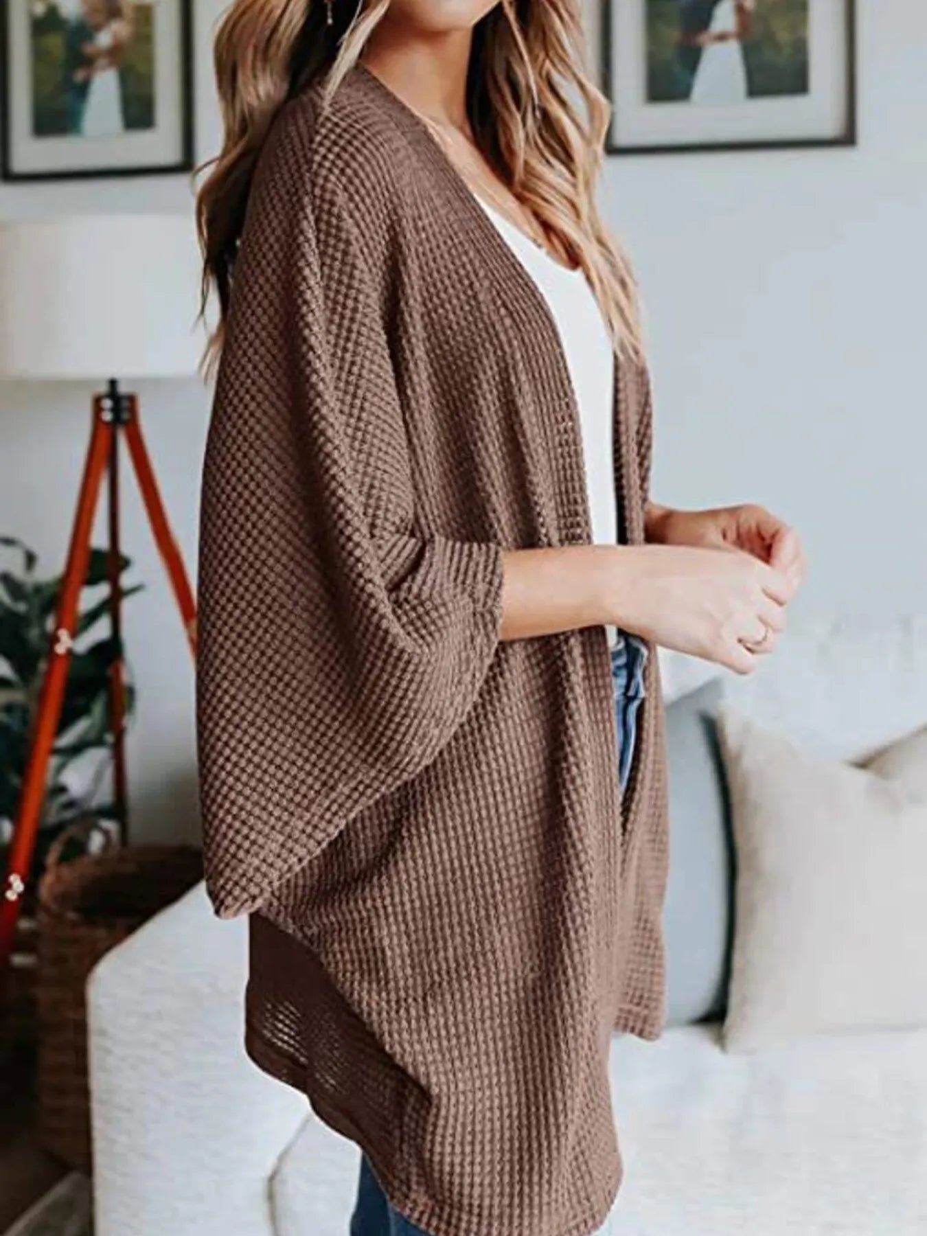 Full Size Open Front Waffle Knit Cardigan Plus Size 