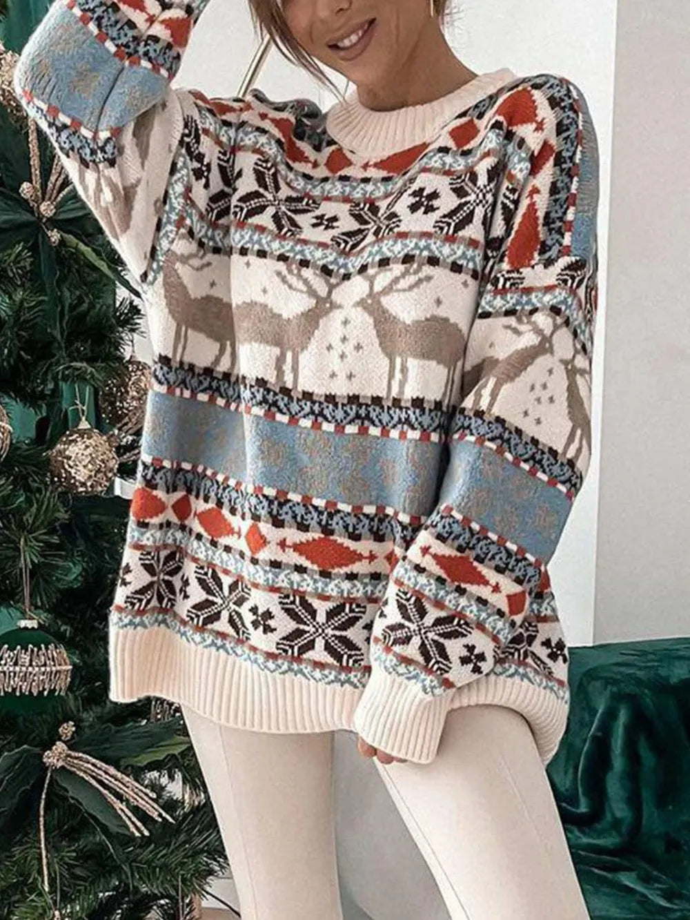 Geometric Round Neck Dropped Shoulder Sweater 