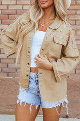 Raw Hem Pearl Trim Dropped Shoulder Denim Jacket 