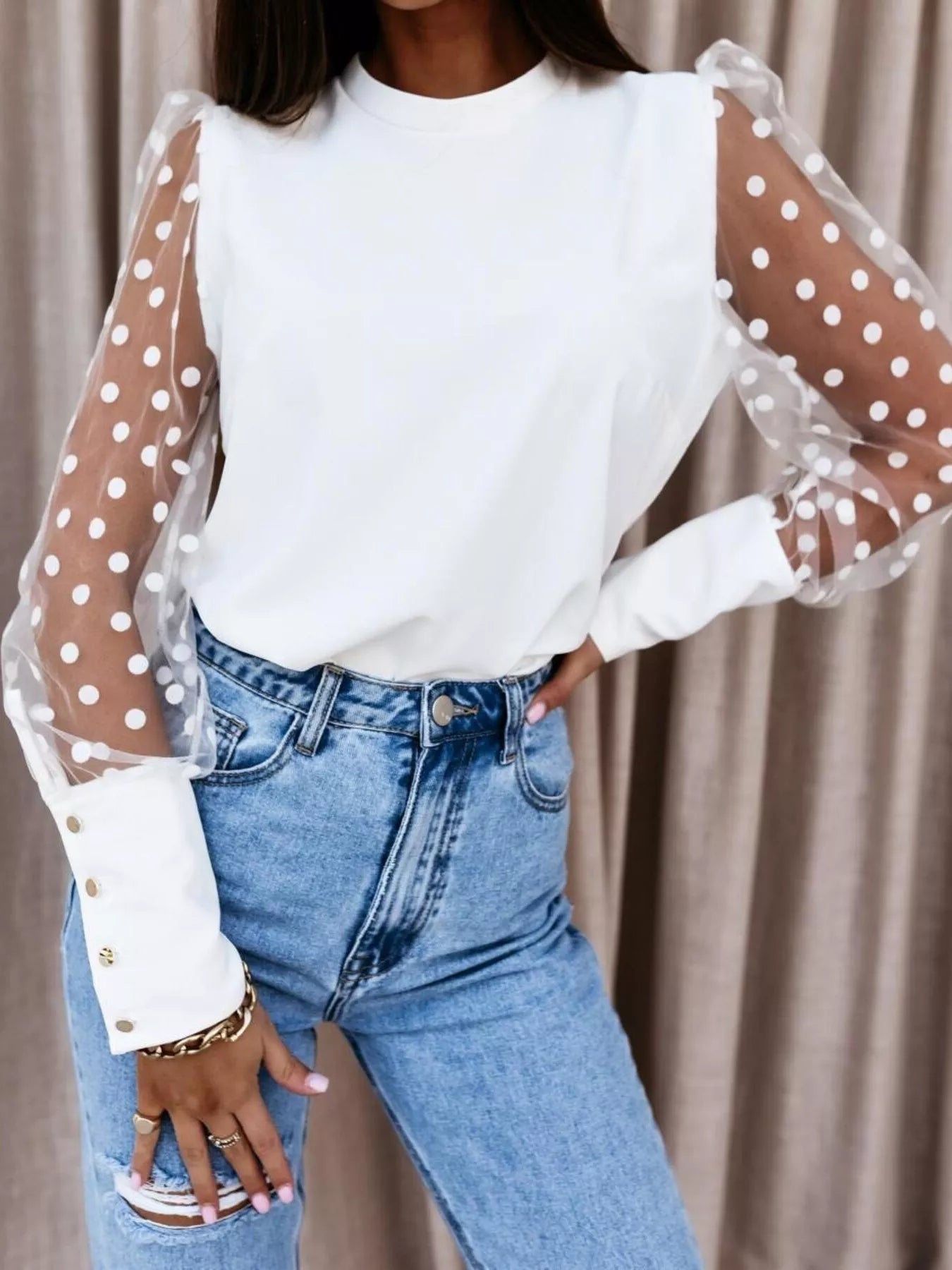 Polka Dot Mesh Sleeve Blouse 