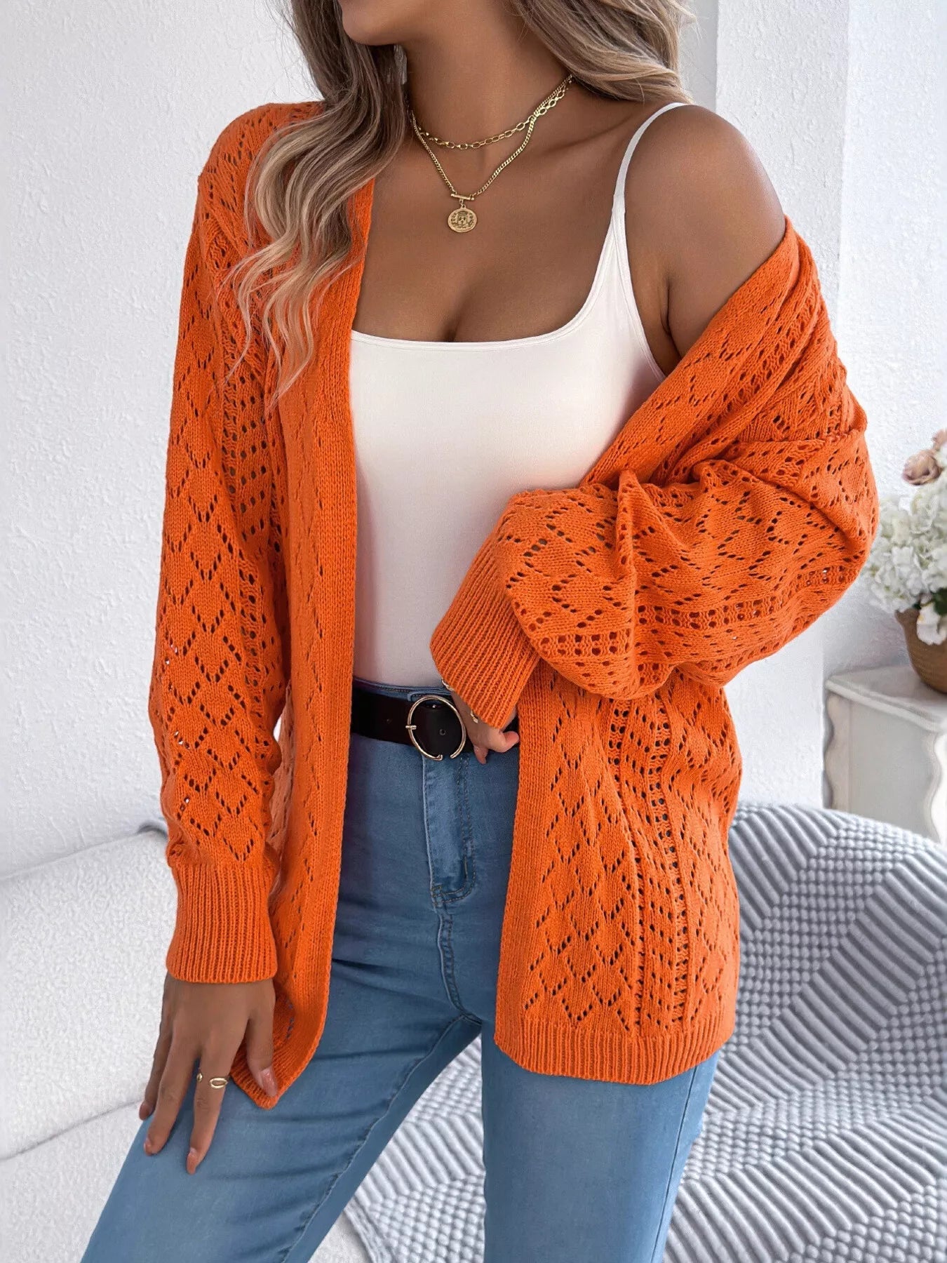 Openwork Open-Front Long Sleeve Cardigan 