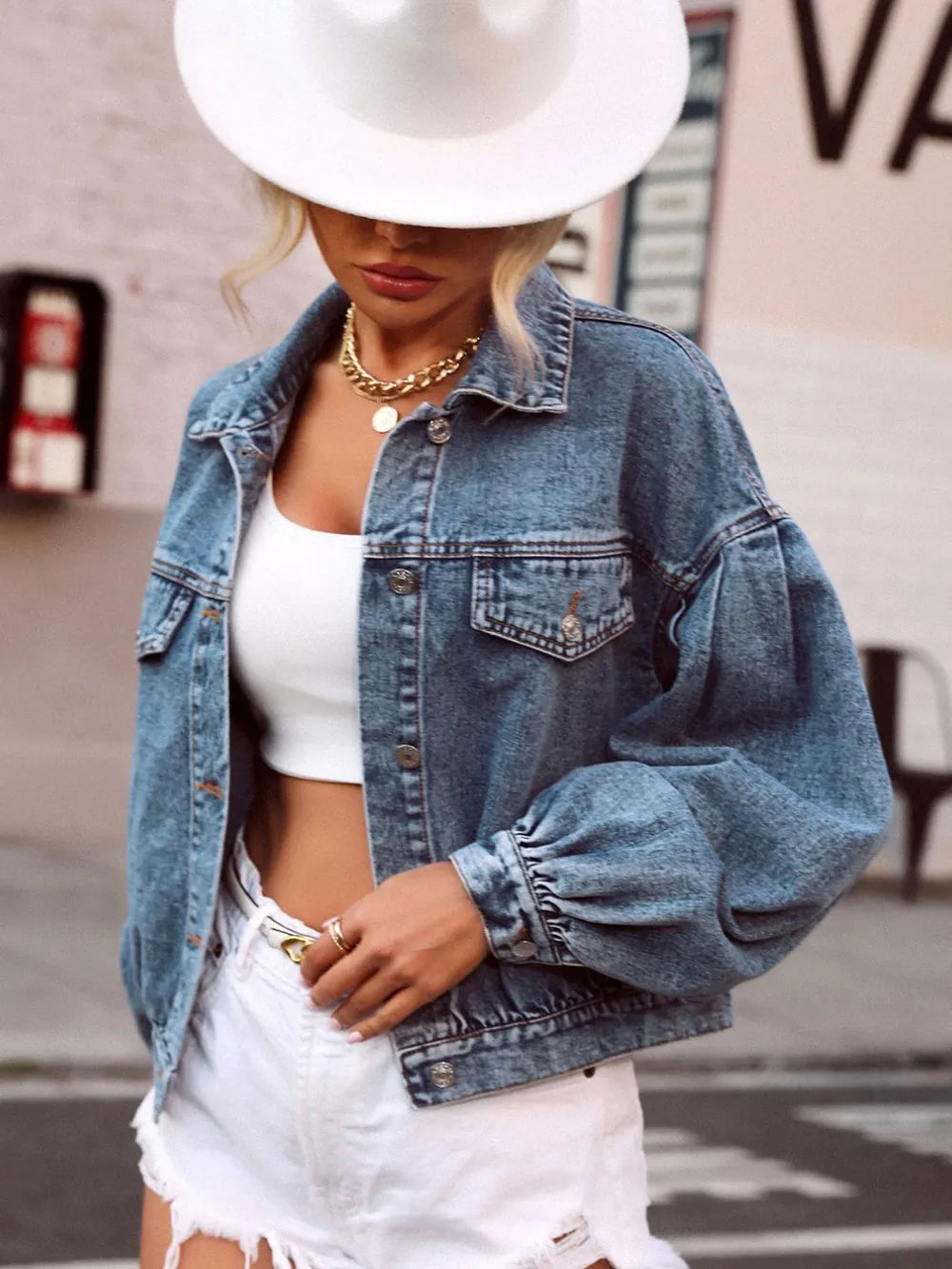 Collared Neck Dropped Shoulder Denim Top 